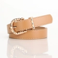 Cintura sottile da donna marrone chiaro in PU con elegante fibbia dorata stile bambù - Cachi