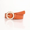 Women's caramel leather belt with gold round buckle and white pearl decoration - Camel