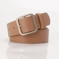 Minimalist light brown leather belt with large matte square metal buckle for women - Khaki With Silver Buckle