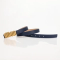 Women's slim dark blue leather belt with vintage matte gold caterpillar buckle detail - Navy Blue