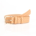 Elegante cinturón trenzado de cuero beige para mujer con hebilla de pasador dorada pulida - Caqui