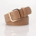 Classic camel faux leather belt for women with a polished gold square buckle - Gold Buckle Khaki