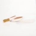 White leather belt for women featuring a unique golden caterpillar style metal buckle - White