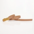 Women's slim leather belt in tan brown with vintage gold ribbed caterpillar buckle - Khaki
