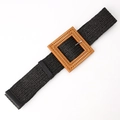 Bohemian black elastic woven belt for women with large square faux-wood buckle detail - Square Buckle Black