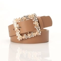 Brown leather belt for women featuring a large square buckle with rhinestones and gold roses - Khaki