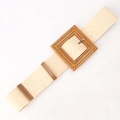 Elastic woven straw belt in beige featuring a large square buckle with wood texture - Beige with Square Buckle