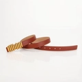 Cintura da donna in pelle marrone con fibbia metallica cilindrica color oro opaco - Cammello