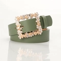 Elegant dark green leather belt for women featuring a gold square rhinestone buckle - Green