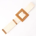 Elastic straw belt with square wood-texture buckle and beige-white V-weave pattern - Square Buckle Khaki White