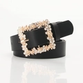 Women's black PU leather belt with oversized gold square buckle set with sparkling rhinestones - Black