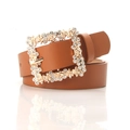Elegant brown PU leather belt for women with rhinestone-encrusted golden square buckle - Camel