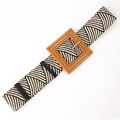 Women's elastic straw belt with black and beige chevron weave and square buckle - Khaki Black with Square Buckle