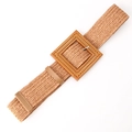 Women's khaki woven elastic belt with a textured square buckle for summer dresses - Camel with Square Buckle