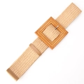 Women's bohemian straw woven elastic belt with square resin buckle in natural beige - Square Buckle Khaki