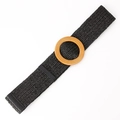 Women's black woven elastic belt featuring a round wood-patterned buckle accessory - Round Buckle Black