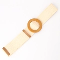 Beige woven elastic belt for women with a round synthetic wood buckle and brown leather trim - Beige Round Buckle