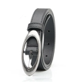 Women black leather belt with a vintage silver oval metal buckle and neat stitching - Black