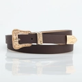 Vintage donkerbruine leren riem met gegraveerde gouden gesp set voor dames - koffiekleur