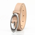 Light brown faux leather belt with oval silver buckle and white contrast stitching detail - Khaki