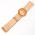 Straw woven elastic belt for women with a round wood-style buckle and brown faux leather - Round Buckle Khaki