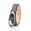 Dark brown leather belt for women featuring an oval silver buckle and textured stitching - Coffee
