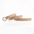 Women's light brown matte belt featuring a round golden buckle and metallic loops - Khaki