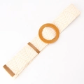Bohemian elastic woven belt with cream V-pattern texture and large round wood-style buckle - Round Buckle Khaki White