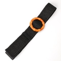 Elastic black woven straw belt with a vintage orange round resin buckle for dresses - Bamboo Buckle Black