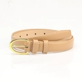 Khaki leather belt with golden oval buckle and elegant white contrast stitching - Khaki