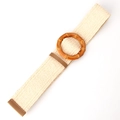 Cream elastic straw belt with yellow bamboo style buckle and brown leather trim accents - Bamboo Buckle Beige