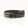 Minimalist black leather belt for women featuring an elegant gold oval pin buckle - Black