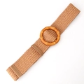 Elastic straw woven belt in tan with a round bamboo style resin buckle for dresses - Bamboo Buckle Camel