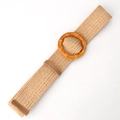 Women's straw woven elastic belt in khaki with a round dark brown resin buckle - Bamboo Buckle Khaki