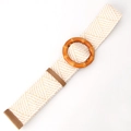 Bohemian beige woven elastic belt with round resin buckle and brown leather accents - Bamboo Buckle Khaki White