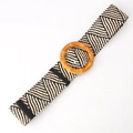 Women's black and white woven elastic belt with amber-yellow round bamboo-style buckle - Bamboo Buckle Khaki Black