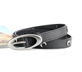 Retro black leather belt with silver crescent moon studs and oval buckle for women - Moon