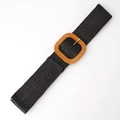 Black woven elastic belt with square wood grain buckle and silver pin for dresses - Oval Case Black