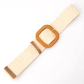 Women elastic straw woven belt in beige with brown leather accents and square buckle - Ellipse Beige