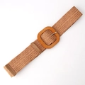 Women's straw woven elastic belt in brown with a large orange textured square buckle - Oval Camel