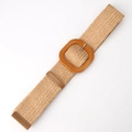 Women's elastic woven belt in beige with a decorative square orange wood style buckle - Oval Khaki