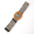Elastic bohemian woven belt with black and white chevron pattern and large brown square buckle - Oval Buckle Khaki Black