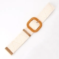 Elastic woven belt with beige wave pattern, large square buckle and brown leather trim - Oval Buckle Khaki White