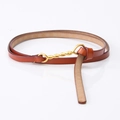 Elegant brown genuine leather skinny belt for women with a gold twisted metal clasp - Twisted Buckle Style (794#) / Camel