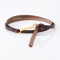 Slim dark brown leather belt for women featuring a twisted gold metal buckle - Twisted Buckle Style (794#) / Coffee