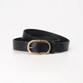 Classic black leather belt for women featuring a minimalist golden oval pin buckle - Black