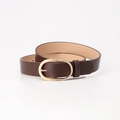 Classic dark brown PU leather belt with a polished gold oval buckle for women - Coffee