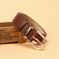 Women's brown litchi pattern leather belt with a polished gold U-shaped bamboo buckle - Coffee