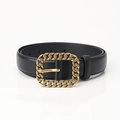 Vintage black leather belt for women with elegant gold chain textured square buckle - Black