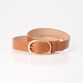 Brown slim PU leather belt with a polished gold oval pin buckle for women - Camel